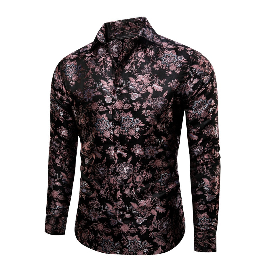 YourTies Black Mens Shirt Pink Jacquard Floral Long Sleeve Dress Shirt YourTies Black Mens Shirt Pink Jacquard Floral Long Sleeve Dress Shirt