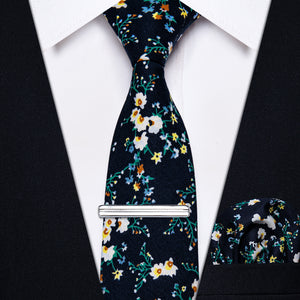 YourTies Black Tie Blue White Floral Skinny Tie Set with Tie Clip