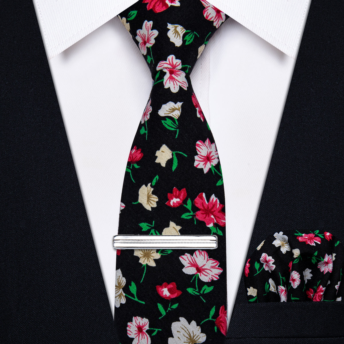 Black Red Floral Printed Skinny Tie Set with Tie Clip