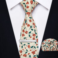 Beige Orange Floral Printed Skinny Tie Set with Tie Clip