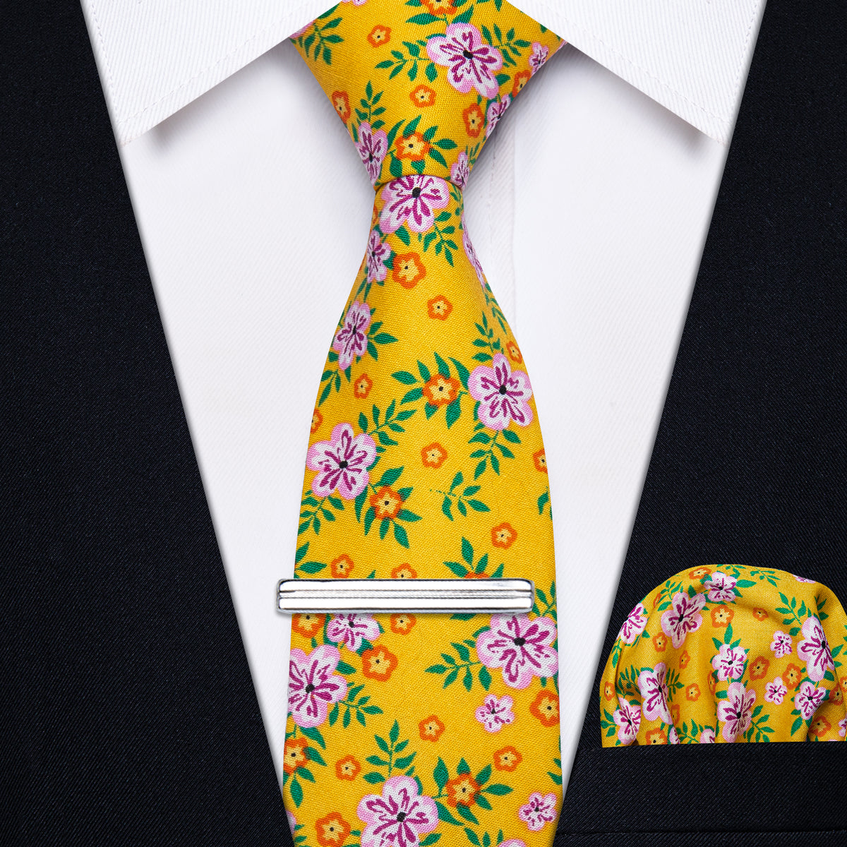 Noble Yellow Floral Printed Skinny Tie Set with Tie Clip