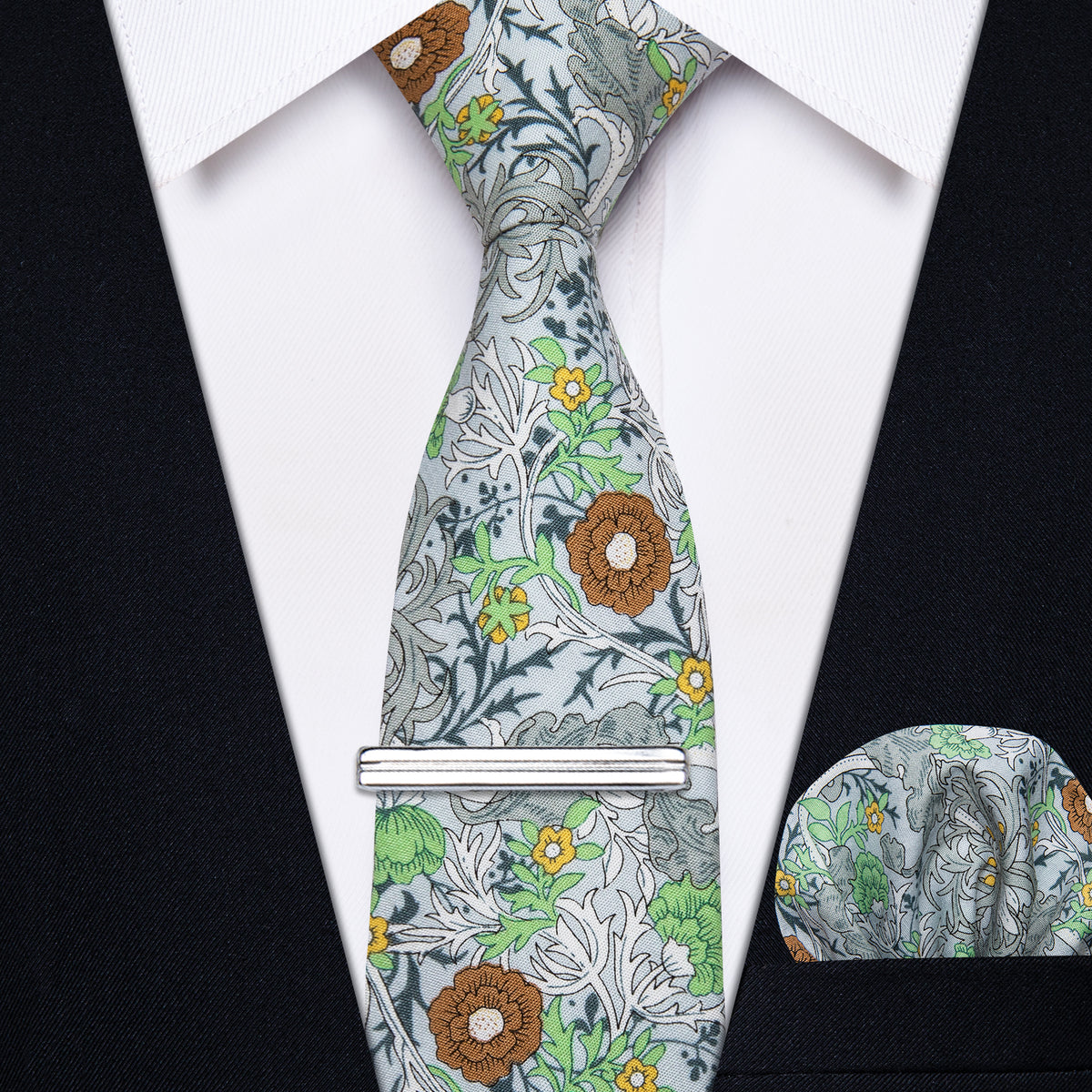 Green Grey  Floral Printed Skinny Tie Set with Tie Clip