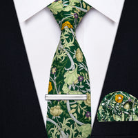 Green Floral Printed Skinny Tie Set with Tie Clip