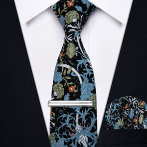Black Tie Blue Green Floral 3.15 Inch Necktie Set with Clip