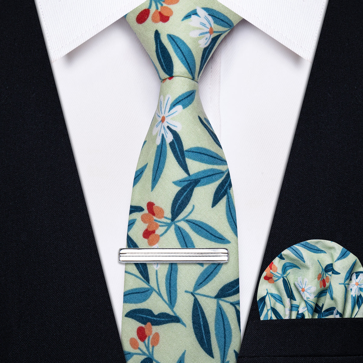Blue Green Printed Leaf Skinny Tie with Tie Clip Set