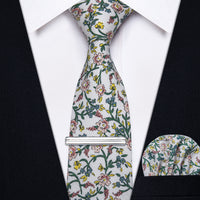 Pink Green Floral Printed Skinny Tie Set with Tie Clip