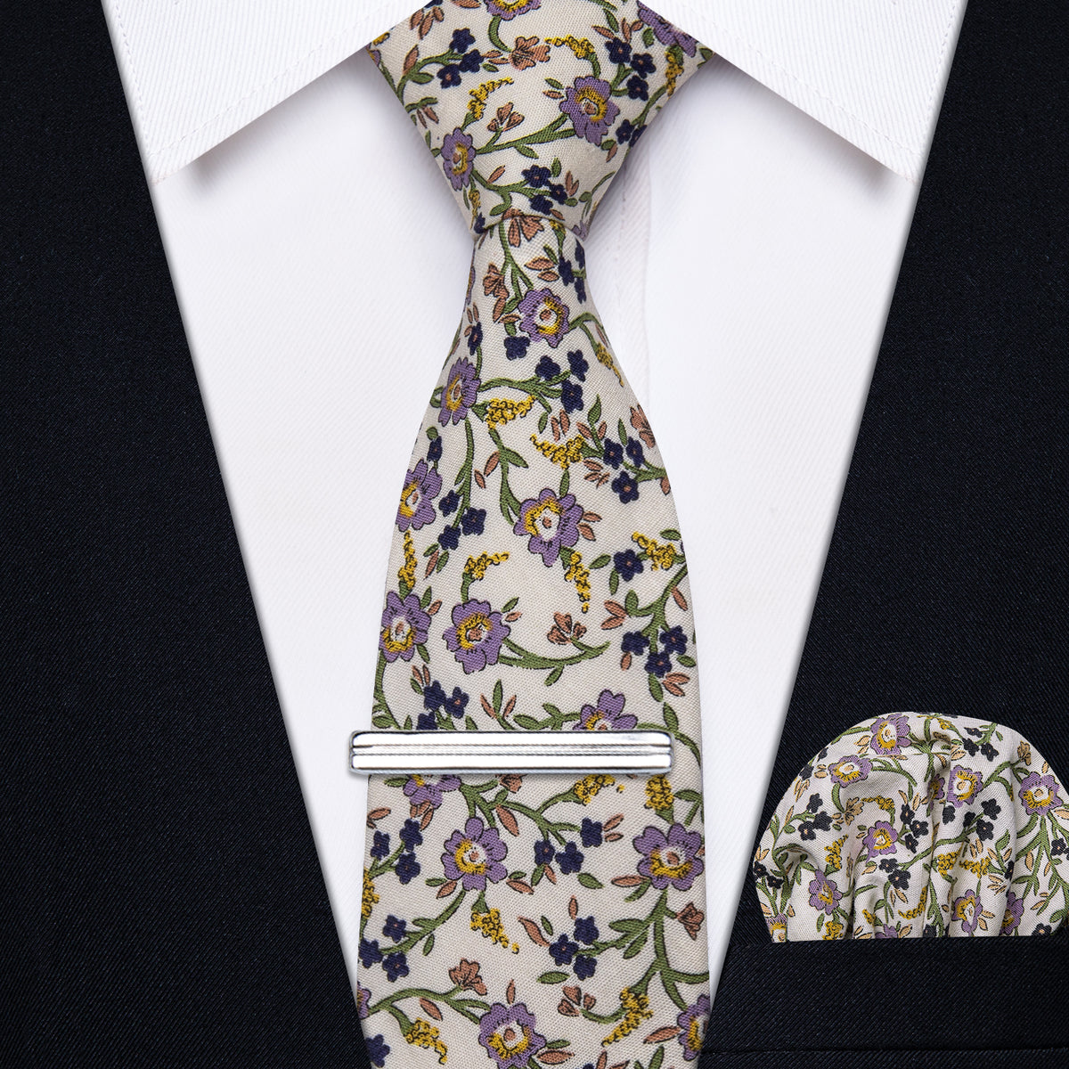 Lavender Yellow Floral Printed Skinny Tie Set with Tie Clip