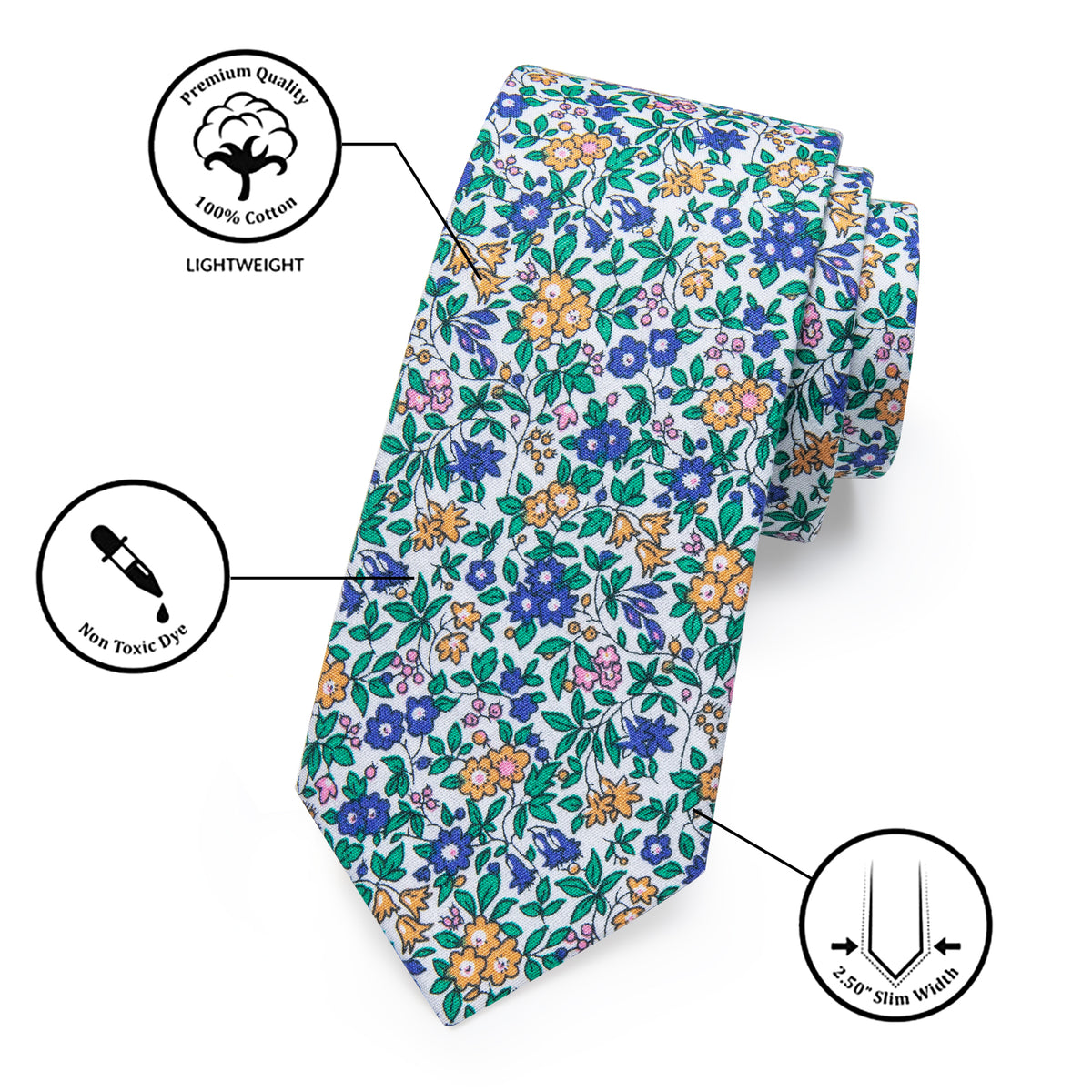 Green Blue Floral Printed Skinny Tie Pocket Square Tie Clip Set