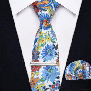 White Tie Blue Daisy Floral Printed Tie Set with Tie Clip