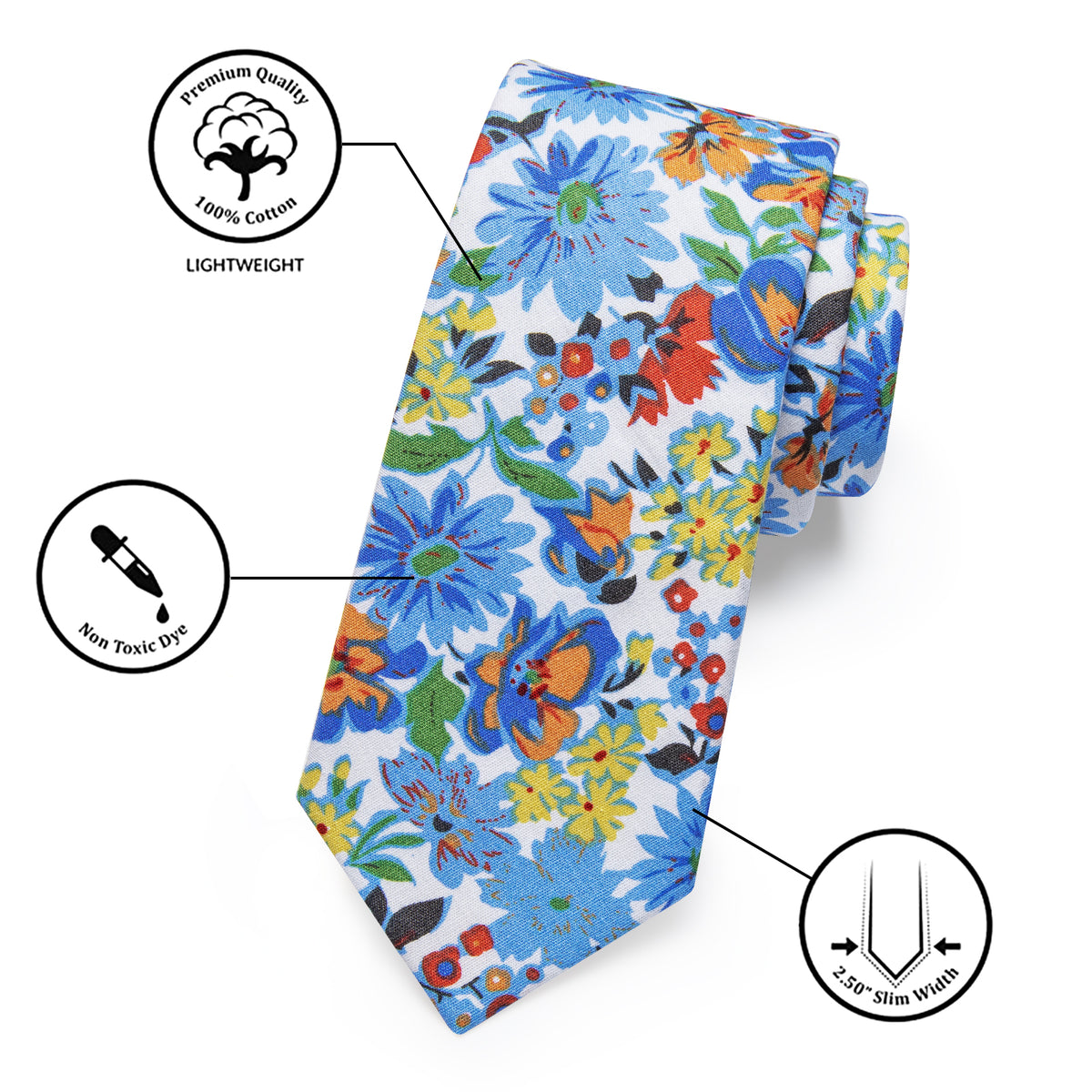 White Tie Blue Daisy Floral Printed Tie Set with Tie Clip