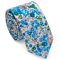 YourTies White Tie Blue Floral Printed Skinny Tie Set with Tie Clip