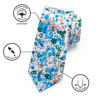 YourTies White Tie Blue Floral Printed Skinny Tie Set with Tie Clip