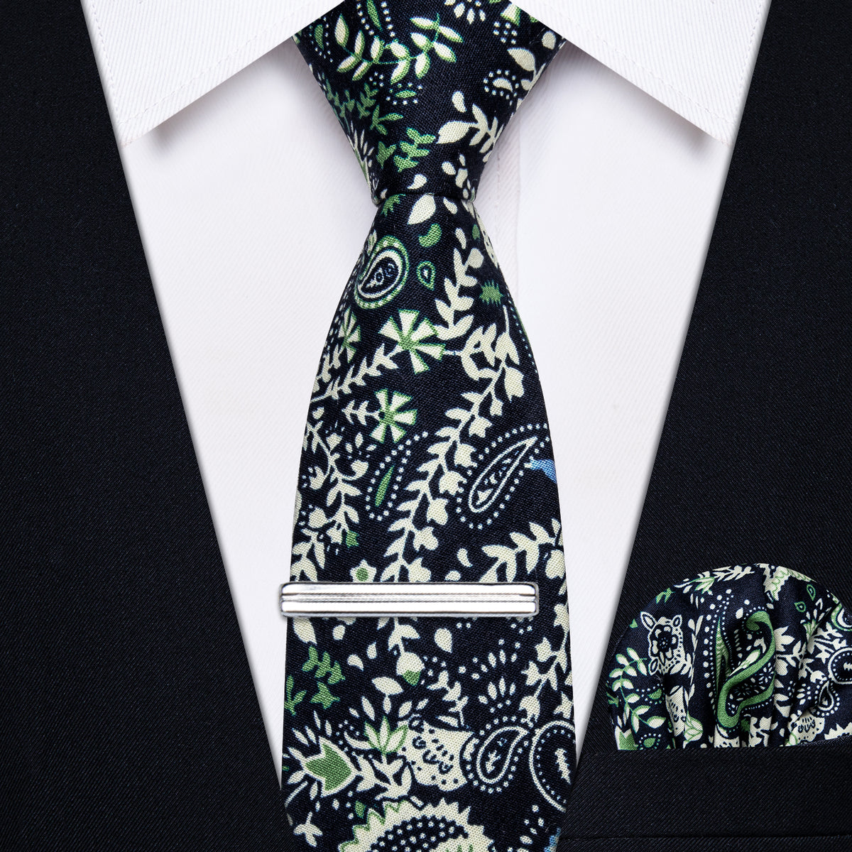 Black Green Paisley Printed Skinny Tie Set with Tie Clip