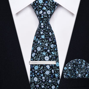 Blue Tie White Floral Printed 3.15 Inch Necktie Set with Clip