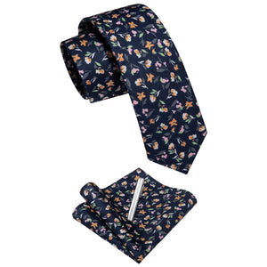 YourTies Dark Blue Floral Printed Skinny Tie Set with Tie Clip