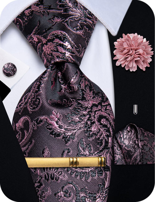  Pink Tie Black Pink Jacquard Floral Wedding Necktie Set