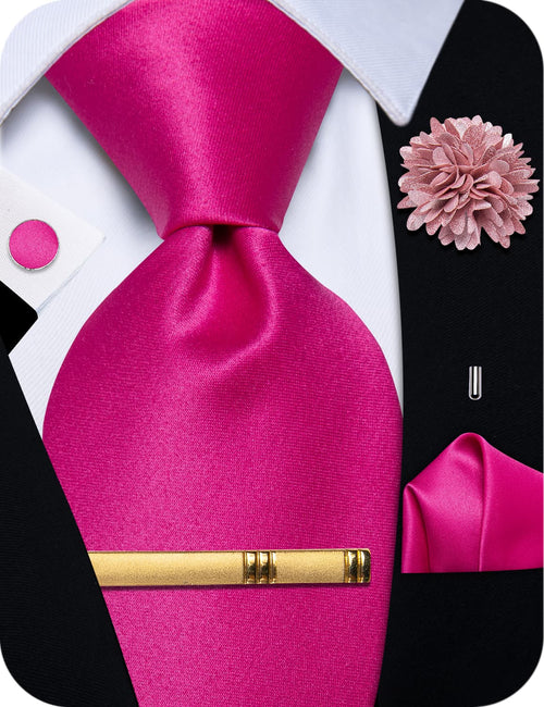 Pink Tie Hot Pink Solid Men's Wedding Necktie Set