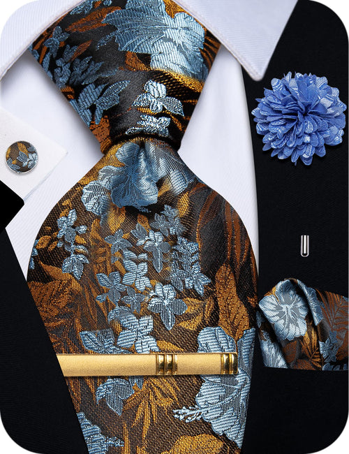 Men's Tie Brown Leaf Blue Flower Jacquard Necktie Set
