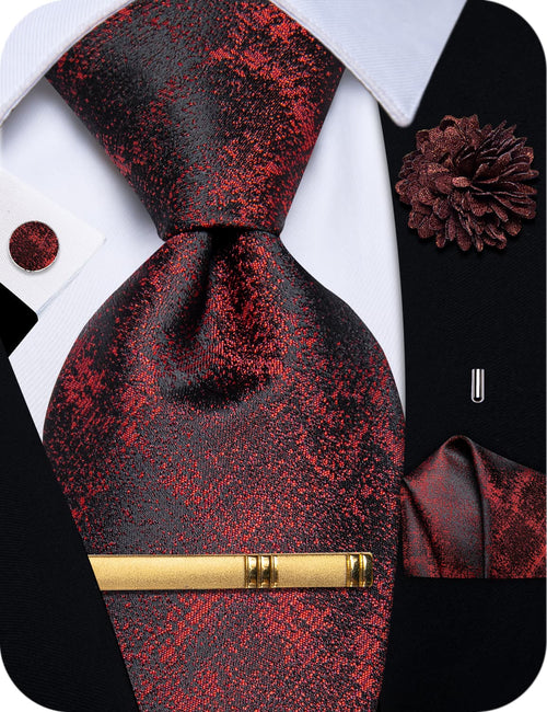 Men's Tie Black Dark Red Jacquard Novelty Necktie Set