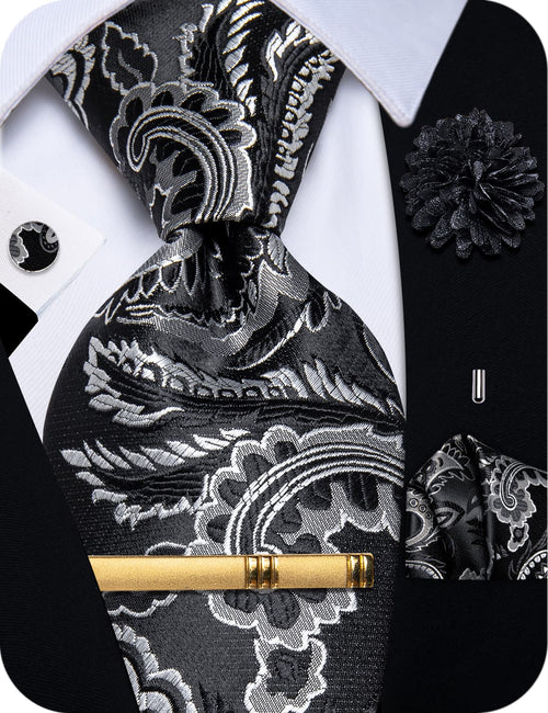  Men's Tie Black Grey Silver Jacquard Paisley Necktie Set