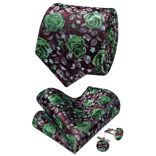Men's Tie Black Green Roses Jacquard Necktie Set
