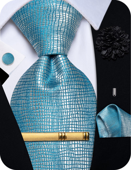 Men's Tie Silver Teal Checkered Lines Plaid Necktie Set
