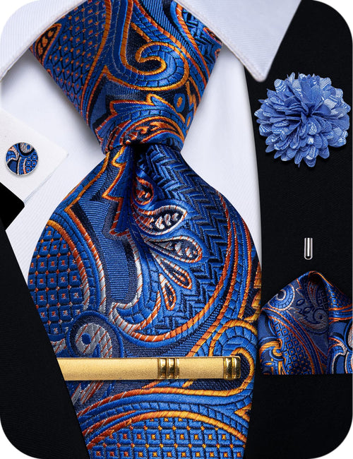 Men's Tie Blue Grey Orange Jacquard Necktie Set
