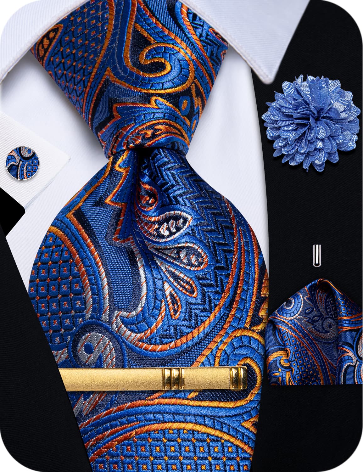 Men's Tie Blue Grey Orange Jacquard Necktie Set
