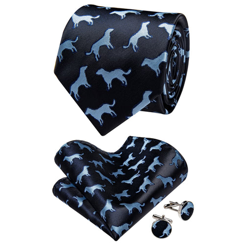 Black Tie Sky Blue Puppy Jacquard Pattern Novelty Necktie Set