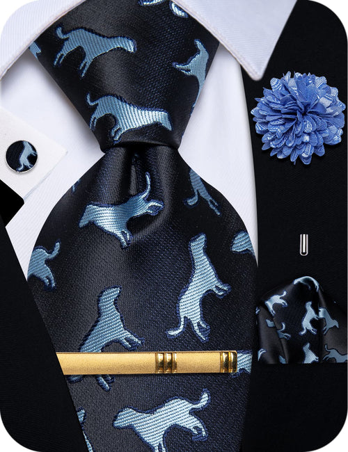 Black Tie Sky Blue Puppy Jacquard Pattern Novelty Necktie Set