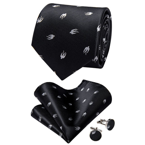 Black Tie Grey Swallow Jacquard Pattern Novelty Necktie Set