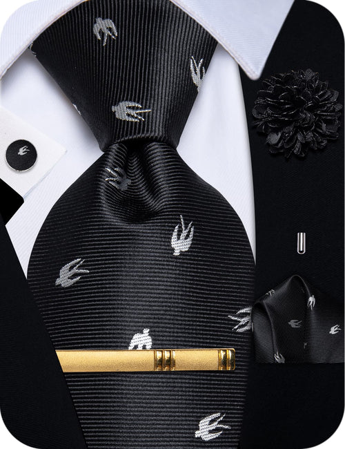 Black Tie Grey Swallow Jacquard Pattern Novelty Necktie Set