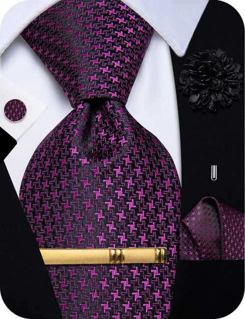  Men's Tie Black Purple Jacquard Geometric Necktie Set