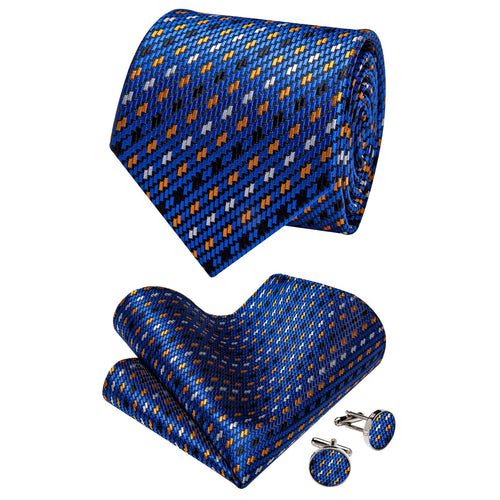  Blue Men's Tie Black Orange Grey Squares Geometric Necktie Set