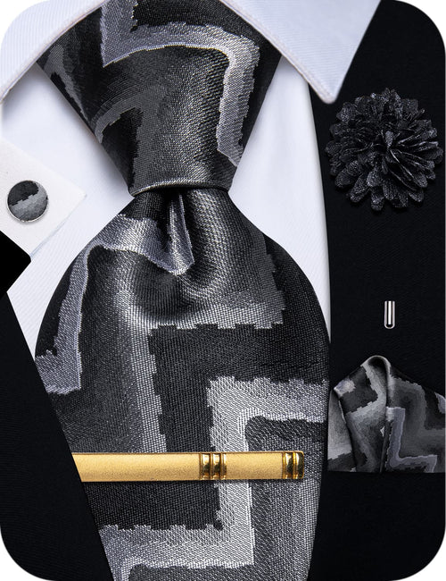 BLack Men's Tie Dark Grey Pattern Novelty Necktie Set