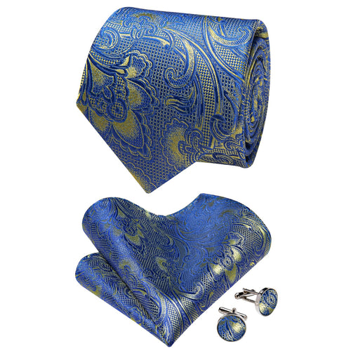  Light Blue Tie Men's Gold Jacquard Paisley Necktie Set