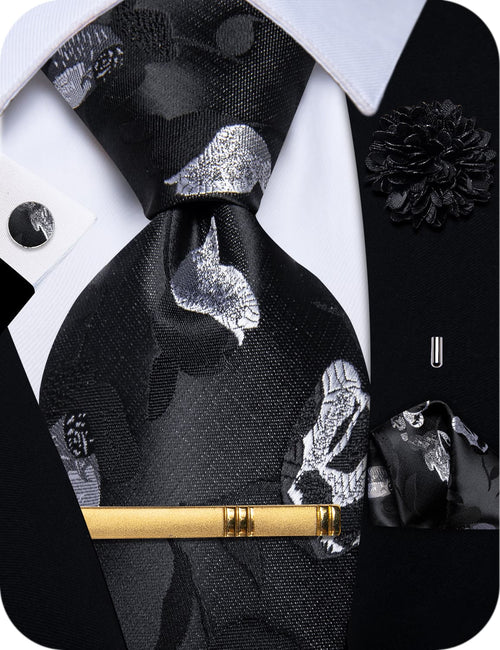  Black Tie Men's Cloud Grey Jacquard Floral Necktie Set