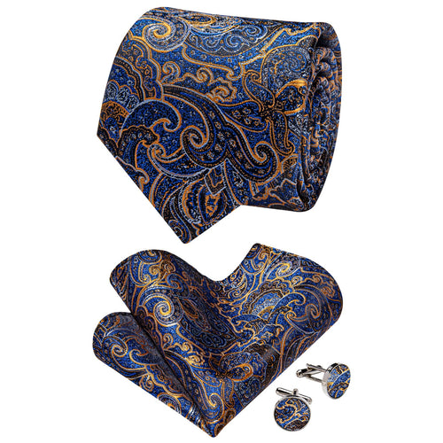 Men's Tie Medium Blue Golden Jacquard Paisley Necktie Set