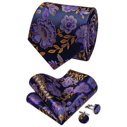 Tie Blue Purple Flower Gold Lines Jacquard Floral Necktie Set