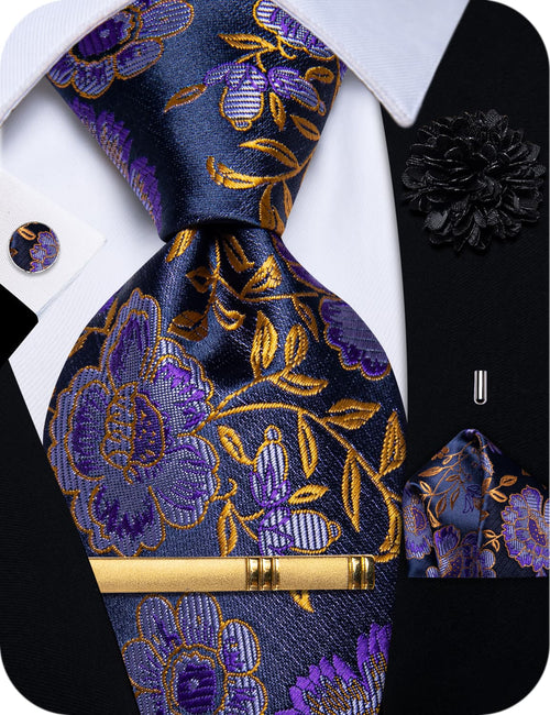 Tie Blue Purple Flower Gold Lines Jacquard Floral Necktie Set