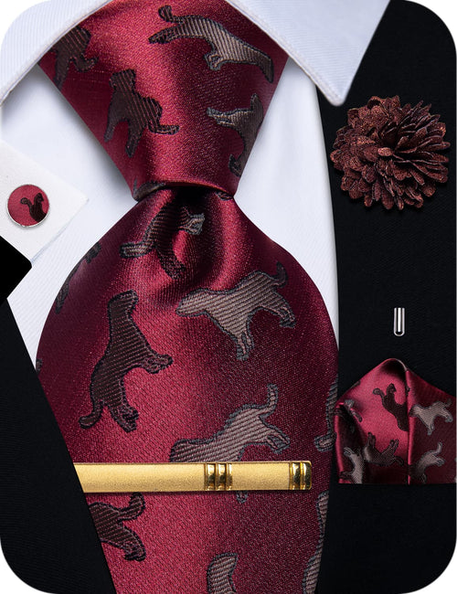 Red Tie Burgundy Brown Puppy Jacquard Novelty Necktie Set