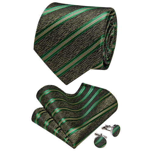 Tie Dark Khaki Green Stripes Jacquard Striped Necktie Set for Men