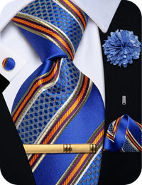  Men's Blue Striped Tie Orange Purple Pinstripes Necktie Set