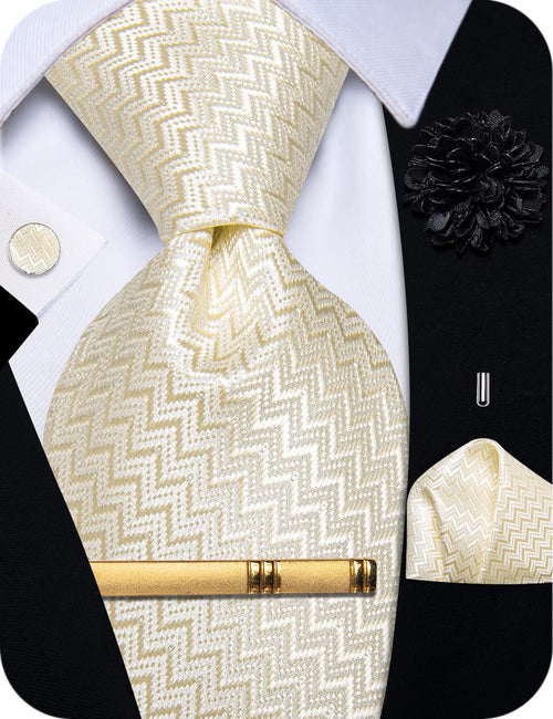 Men's Tie Champagne Beige Jacquard Geometric Necktie Set