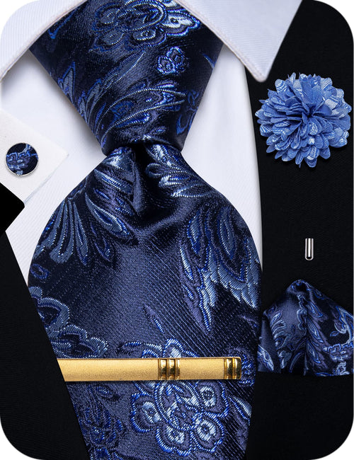 Men's Blue Tie Royal Blue Jacquard Floral Necktie Set