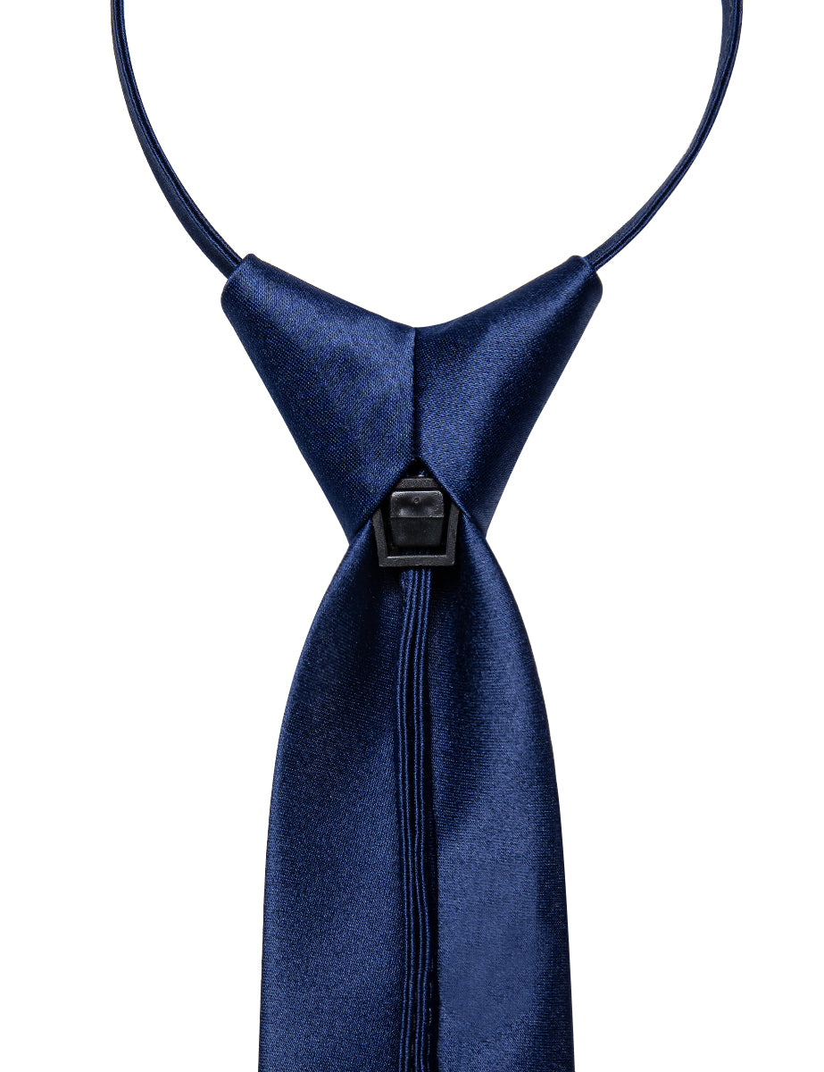 Navy Blue Solid Silk Adjustable Zipper Pre-tied Necktie Pocket Square Set