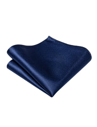 Navy Blue Solid Silk Adjustable Zipper Pre-tied Necktie Pocket Square Set