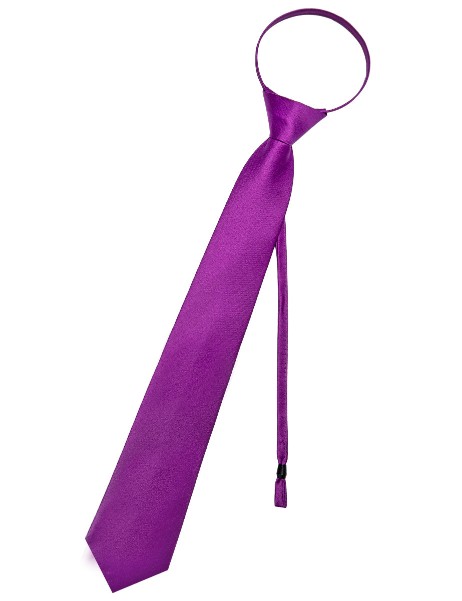 Purple Solid Silk Adjustable Zipper Pre-tied Necktie Pocket Square Set