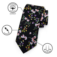 Black Purple Floral Skinny Tie Set with Tie Clip