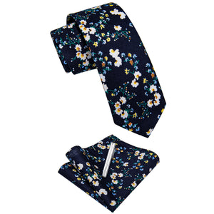 YourTies Black Tie Blue White Floral Skinny Tie Set with Tie Clip